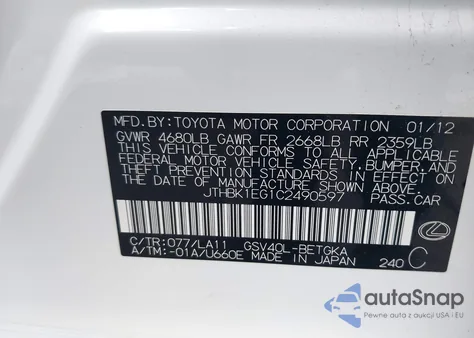 2012 Lexus Es 350 z USA, uszkodzony, nr VIN JTHBK1EG1C2490597